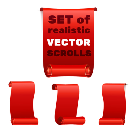 Set  of realistic silk red ribbons, flags, banners. Red curled ribbons with shadows on white background.のイラスト素材