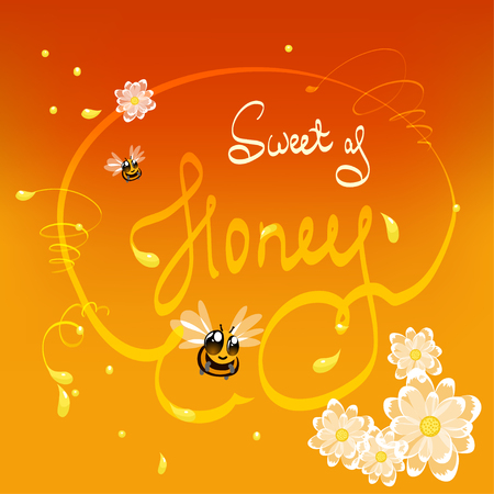 Illustration with cute cartoon bees for honey products, handwritten inscription SWEET HONEY, honey background or labelのイラスト素材