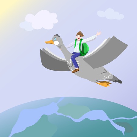 Happy boy with backpack waving sits on flying goose which wings look like book pages. Back to school, studying and reading concept. Vector illustration in eps8 formatのイラスト素材