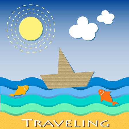 Cardboard boat sailing and traveling. Vector illustration.のイラスト素材