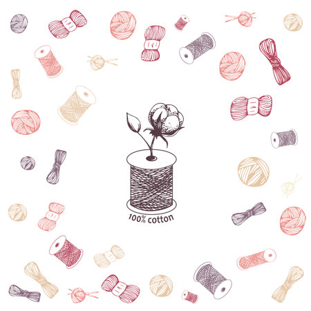 Hand drawn cotton flower in needle spool as hundred percents  cotton symbol on rolls, balls and spools background. Vector illustration in eps8 format.のイラスト素材