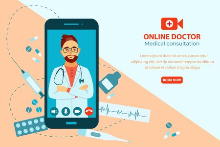 Online doctor concept. Doctor giving medical consultation on smartphone via video chat.のイラスト素材