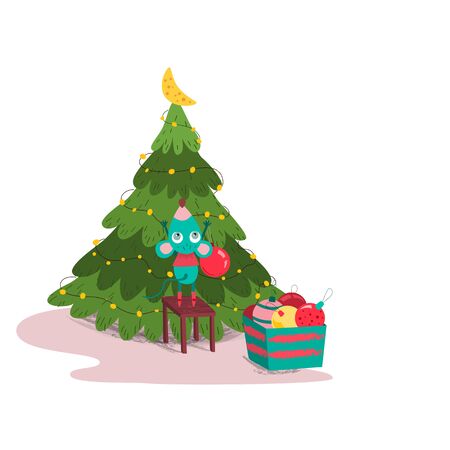 Cute mouse decorating fir-tree colorful balls and lightsのイラスト素材