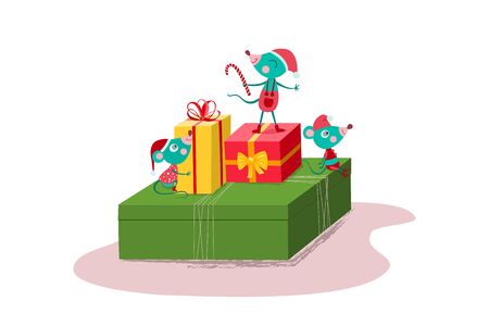 Cute and happy mice sittng and standing on gift boxesのイラスト素材