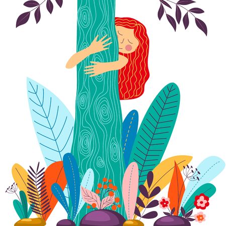 Young girl hugging tree. Eco friendly, environment preservation concept.のイラスト素材