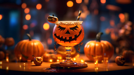 Halloween cocktail with pumpkins, jack-o-lantern and candles on backgroundの素材