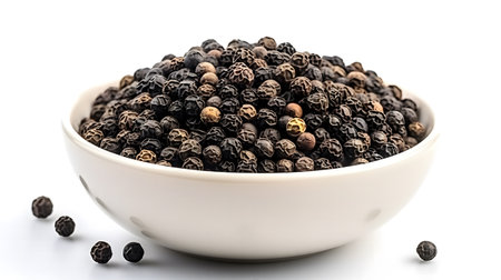 Black pepper in white bowl isolated on white background. Close up.の素材
