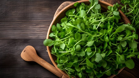Fresh arugula in a wooden bowl on a wooden background.の素材