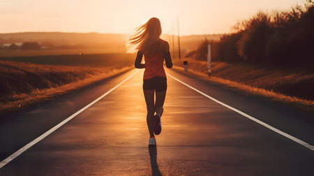 Young woman running on the road at sunset. Healthy lifestyle, fitness and jogging concept.の素材