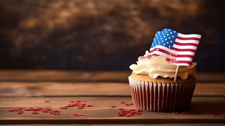 Cupcake with american flag and confetti on wooden background. 4th of july.の素材