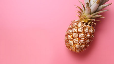 Gold Pineapple on a pink background, top view, copy space. Summer background concept.の素材