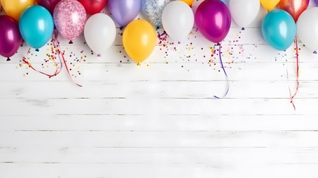 Colorful balloons and confetti on white wooden background. Top view with copy spaceの素材