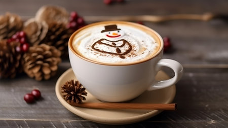 A cup of cappuccino with a picture of a snowman.  Latte foam art with snowman. Christmas time concept.の素材