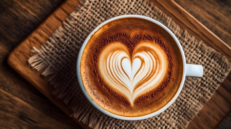Cup of latte coffee with heart shape art on foam, top view.の素材