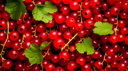 Red currant with green leaves, top view, close-upの素材