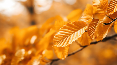 Close up of gold leaves on a tree in the autumn forest.の素材