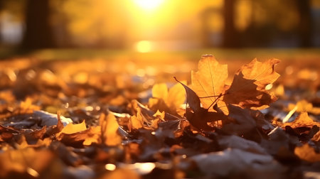 Autumn leaves in the park at sunset. Shallow depth of field.の素材
