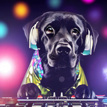 Cute black labrador retriever dog with headphones playing on dj keyboard.の素材