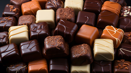 Assorted chocolate candies on a dark background. Top view.の素材