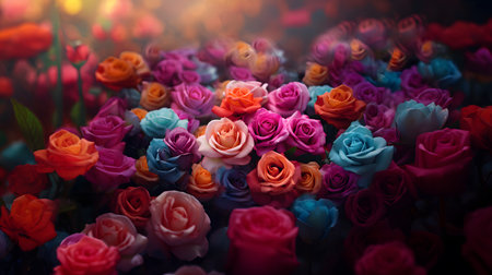 Colorful artificial rose flowers in the garden, vintage color tone.の素材