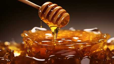 Honey dripping from a wooden honey dipper into a bowl.の素材