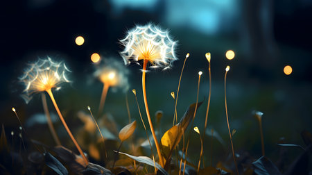 Dandelion flower in the forest at night. 3d renderingの素材