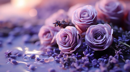 Beautiful purple flowers. Beautiful spa composition with lilac flowers on light background, closeupの素材