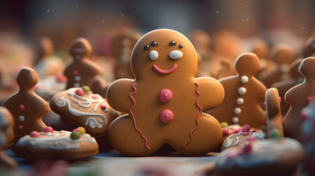Christmas homemade gingerbread man cookie on wooden table. Christmas Holiday Background. Cute Gingerbread Man Cookies for Christmas.の素材
