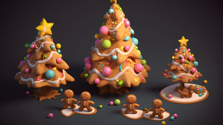 Christmas tree made of gingerbread cookies. 3d render illustration.の素材