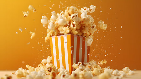 Popcorn falling into a bucket on orange background. 3d renderingの素材