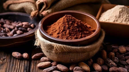 Cocoa powder in a bowl and cocoa beans on wooden backgroundの素材