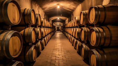 Wine barrels stacked in the cellar of a winery in Italy. Many wine barrels in wine-vaults in order.の素材