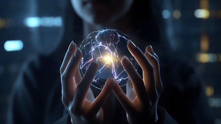 Close up of businesswoman holding glowing earth planet in her hands. 3D renderingの素材