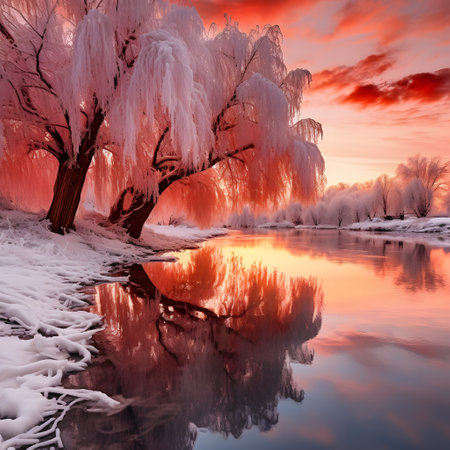 Beautiful winter landscape with frozen trees on the river bank at sunsetの素材