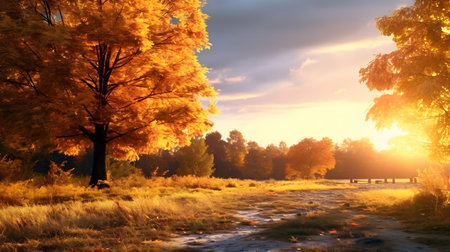 Sunset in the autumn park. Beautiful autumn landscape with trees and grassの素材