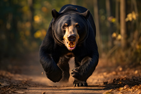 Big black bear running in the forest. Wildlife scene from nature.の素材