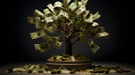 Money tree growing from a pile of money. 3d illustration.の素材