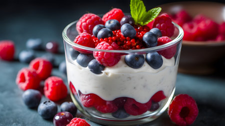 Greek yogurt with fresh berries in a glass bowl, selective focus.の素材
