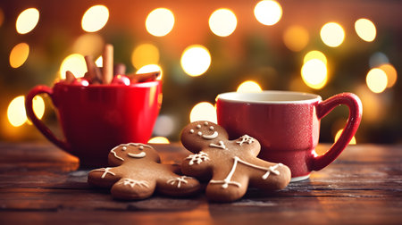 Cup of coffee and gingerbread cookies on wooden table in front of Christmas lightsの素材