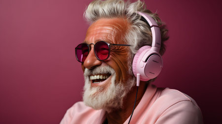 Portrait of happy senior man listening to music with headphones on pink backgroundの素材