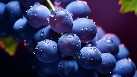 Bunch of blue grapes with water drops on dark background. Close up.の素材