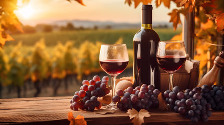 Wine bottle and glass of red wine on vineyard in Tuscany, Italyの素材
