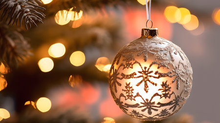 Christmas decoration hanging on a Christmas tree with bokeh background.の素材