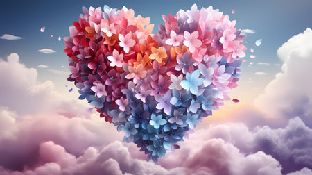 Heart shape made of colorful hydrangea flowers on sky backgroundの素材