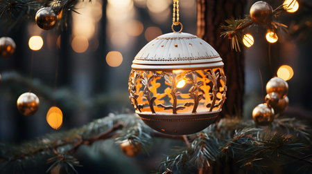 Christmas decoration on the Christmas tree. Festive New Year background.の素材