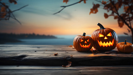 Halloween pumpkins on wooden table at evening. Halloween concept.の素材