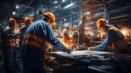 Industrial workers working together in factory. Industrial and engineering concept.の素材