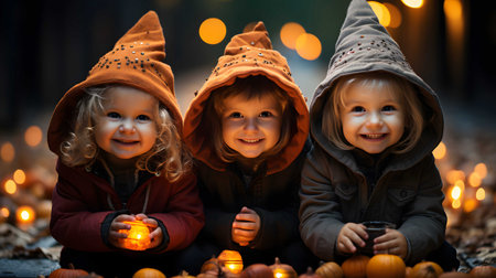 Three cute little kids, boys and girls, having fun on Halloween, playing in the park with pumpkins and candlesの素材