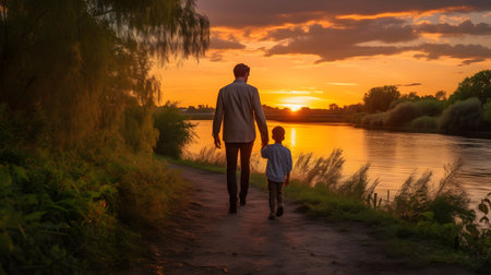 Silhouette of father and son walking by the river at sunsetの素材