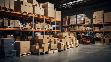 Interior of a warehouse with shelves full of boxes. Toned imageの素材